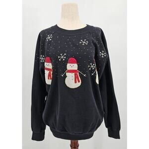 Vintage Handmade Women's XL Pannill Black Snowman Crewneck Holiday Sweater